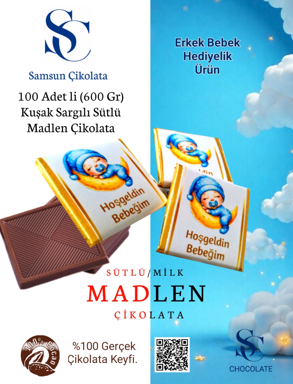 Samsun Çikolatası 100 Lü 600 Gr Erkek Bebek Madlen Çikolatası 